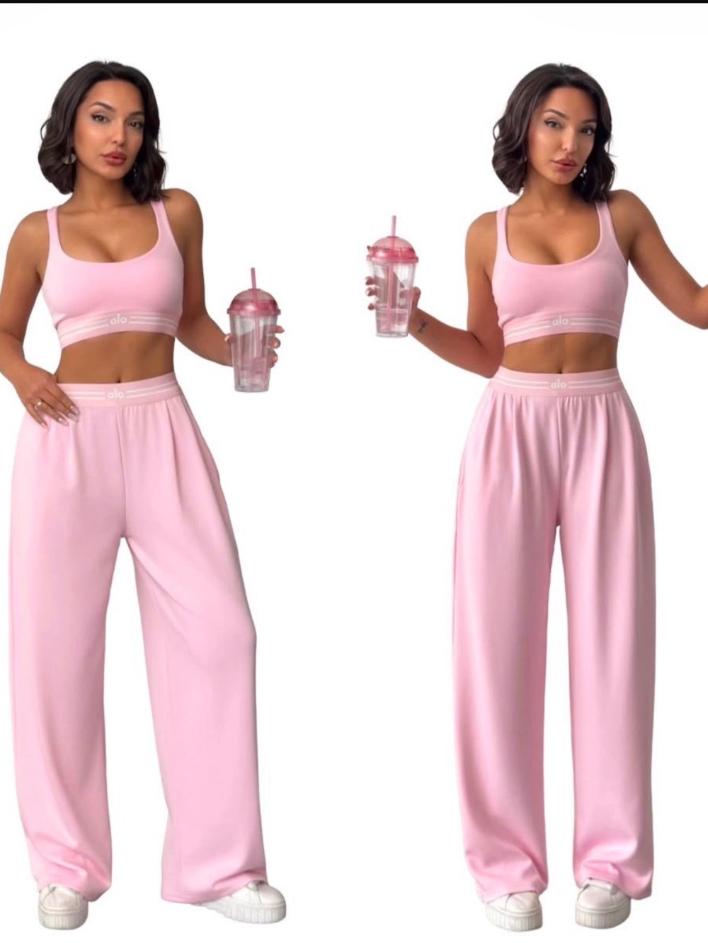 ALO Yoga Pink Wide-Leg Lounge Pants & Matching Sports Bra Size M